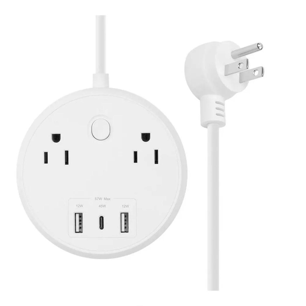 Okrągła Listwa Zasilająca Podróżna Z 2 Gniazdami AC I Portami USB